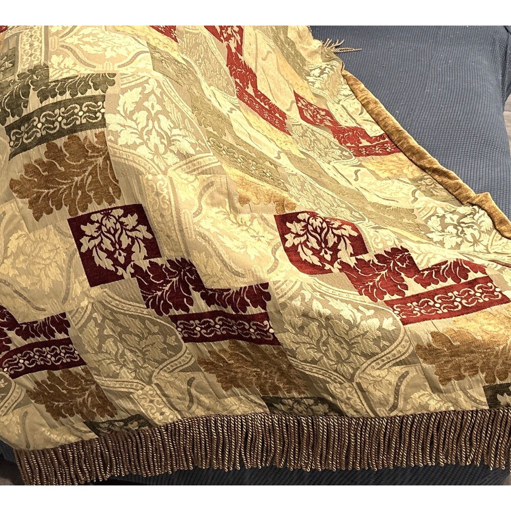 Vintage Throw Blanket Chenille Reversible Jacquard Bullion Fringe Heavy 51X58"